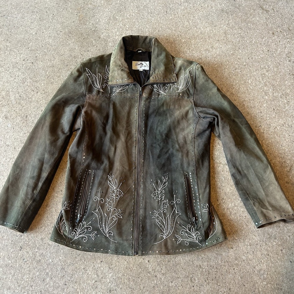 SCULLY Distressed Suede Leather Fully Lined Jacket w/ Embroidery & Sequins Large